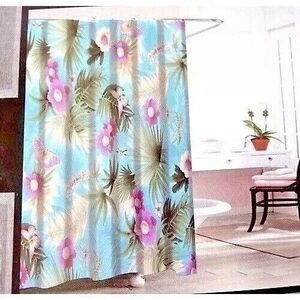 Tropical Floral Butterfly Fabric Shower Curtain 12 Metal Roller Hooks Blue Gift